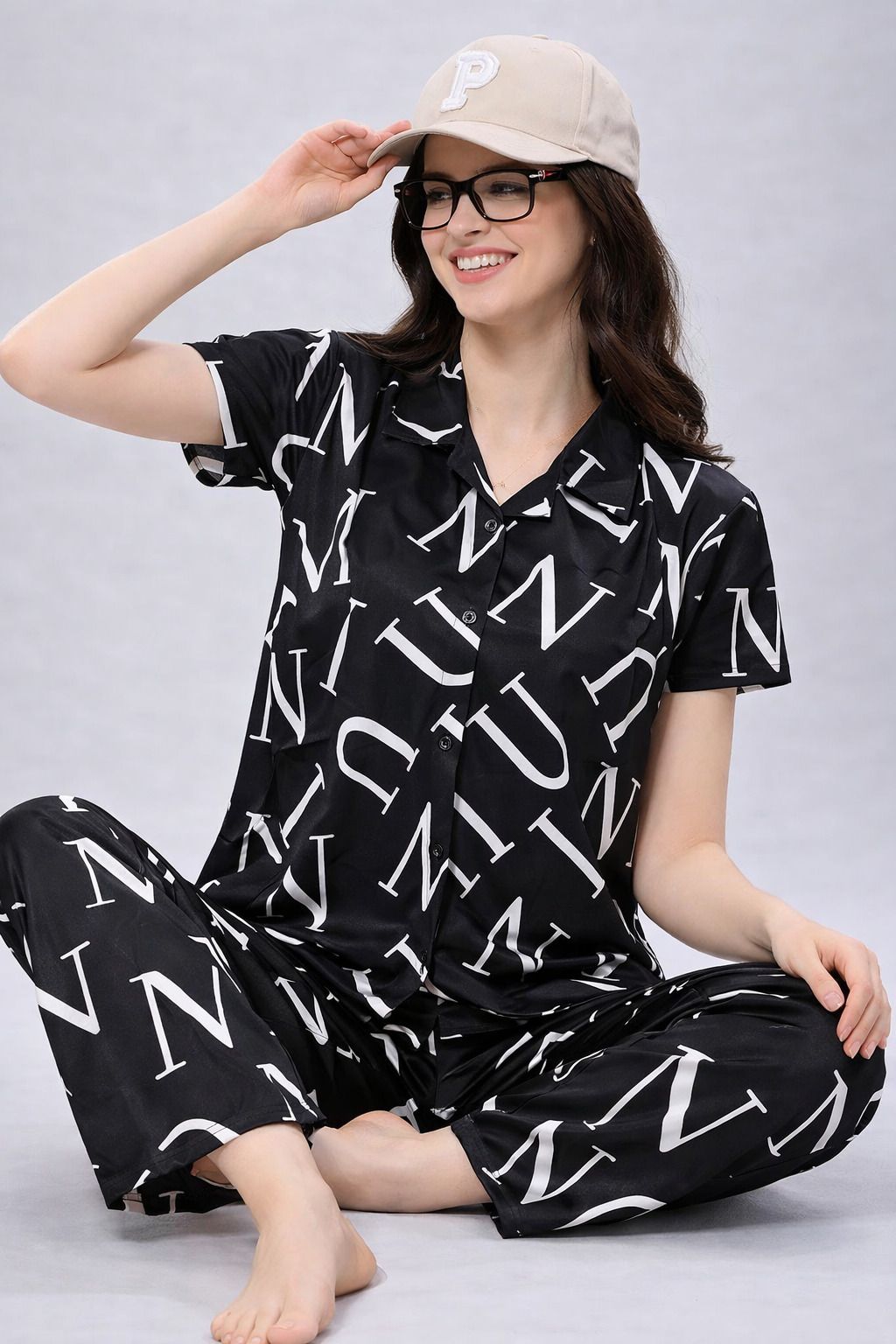 Women Shirt & Pyjama set Black Floral Print-image-22