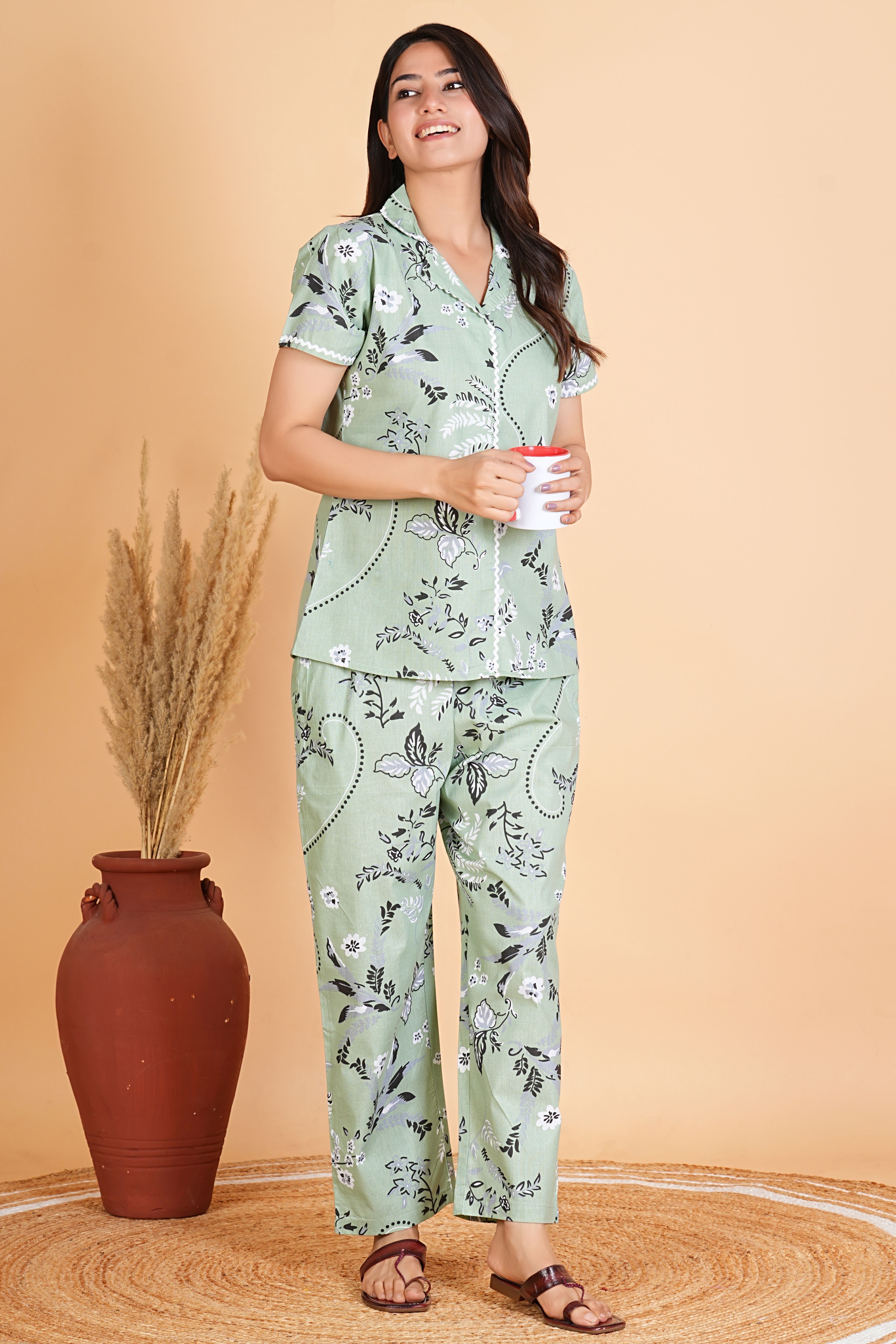 loomista Women Night Suit Set Light Green Floral Print-picture-10