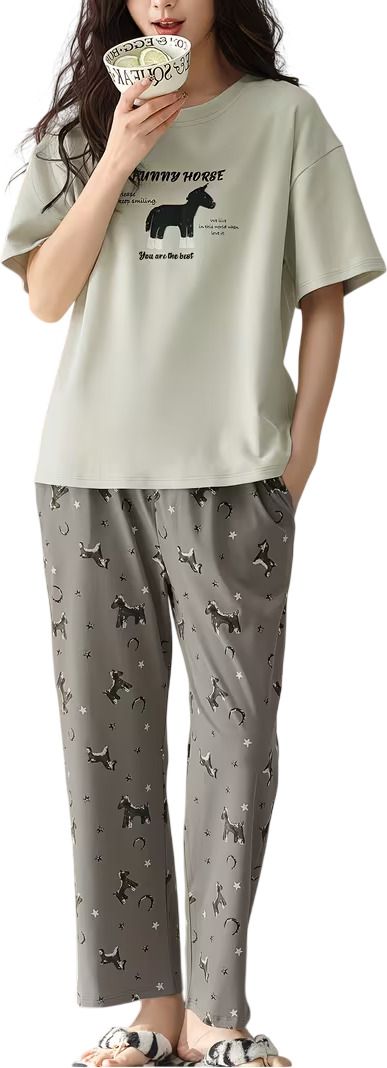 larix Women Top & Pyjama Set Grey Printed, Graphic Print, Animal Print-picture-3