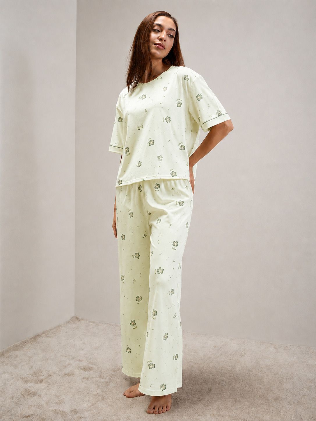 Women Top & Pyjama Set Light Green Checkered, Printed-image-32