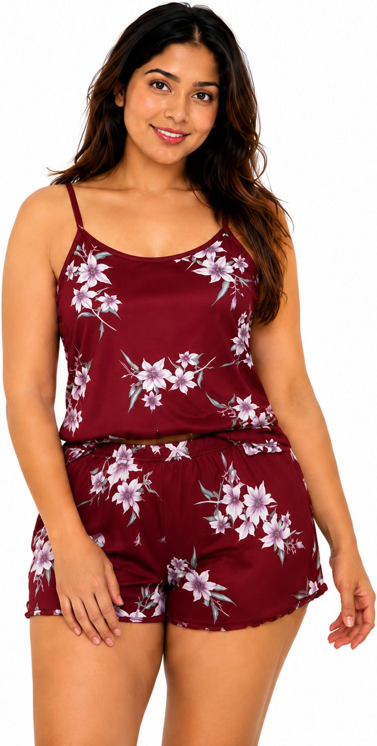 Women Top & Shorts Set Maroon Floral Print-image-34
