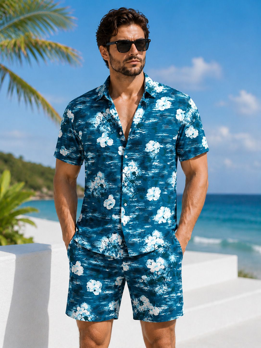 Men Top & Shorts Set Blue Floral Print, Printed-image-42