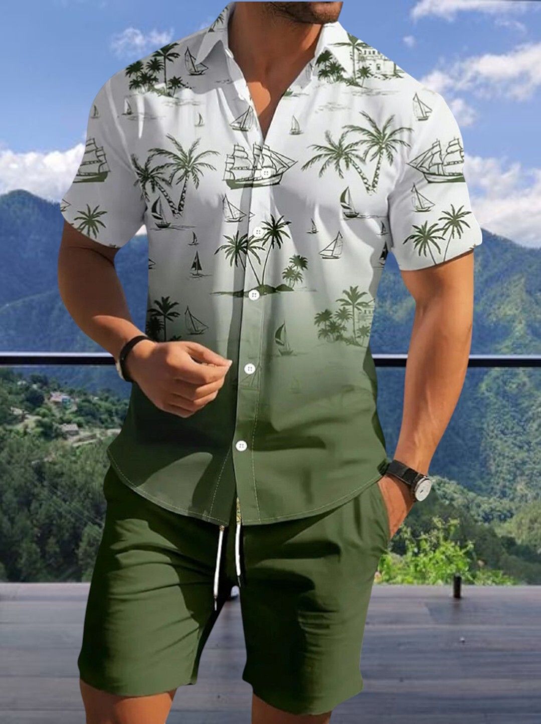 shivforyou Men Top & Shorts Set Green Printed-picture-33