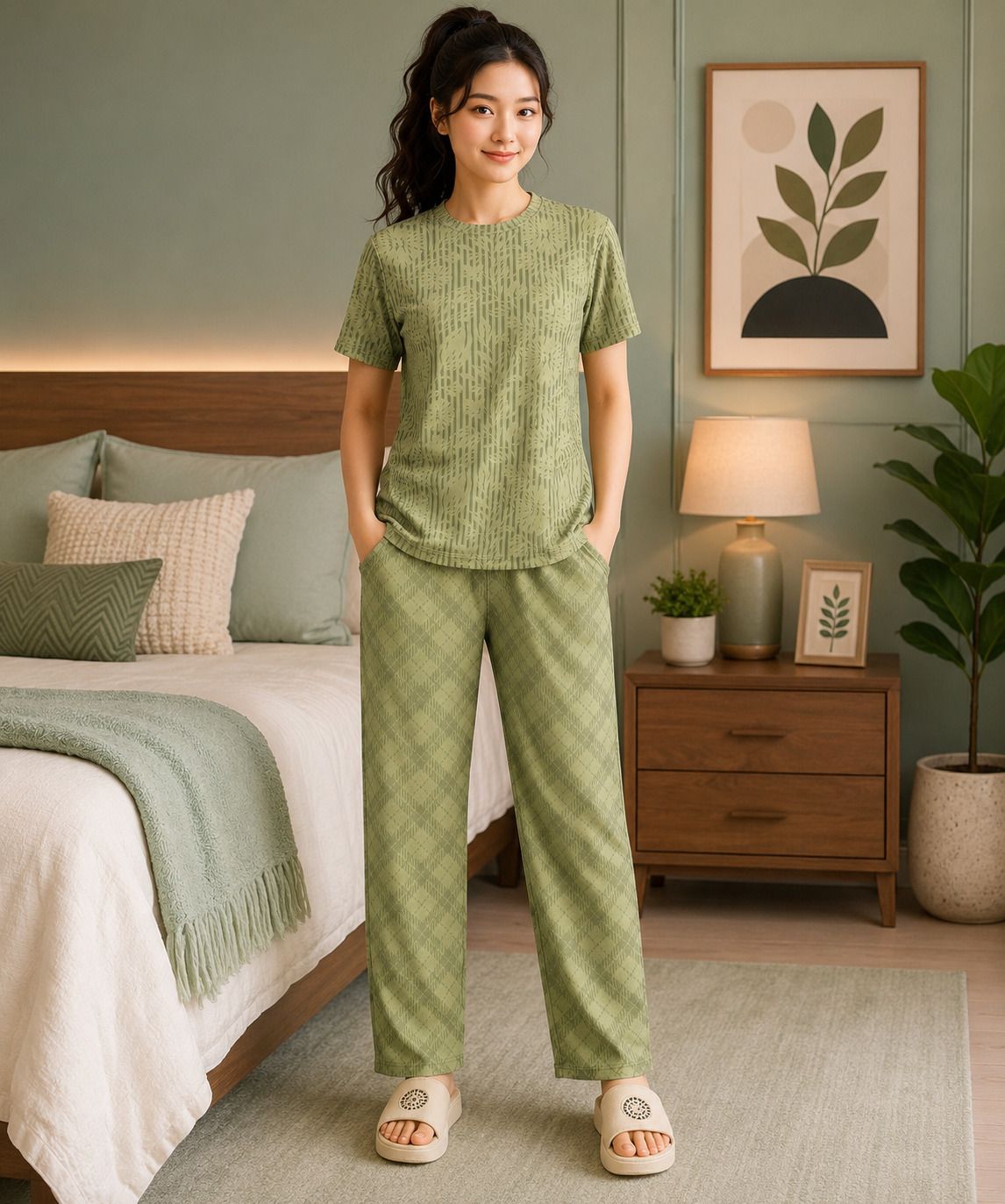 jk creation Women Top & Pyjama Set Light Green Printed-picture-24