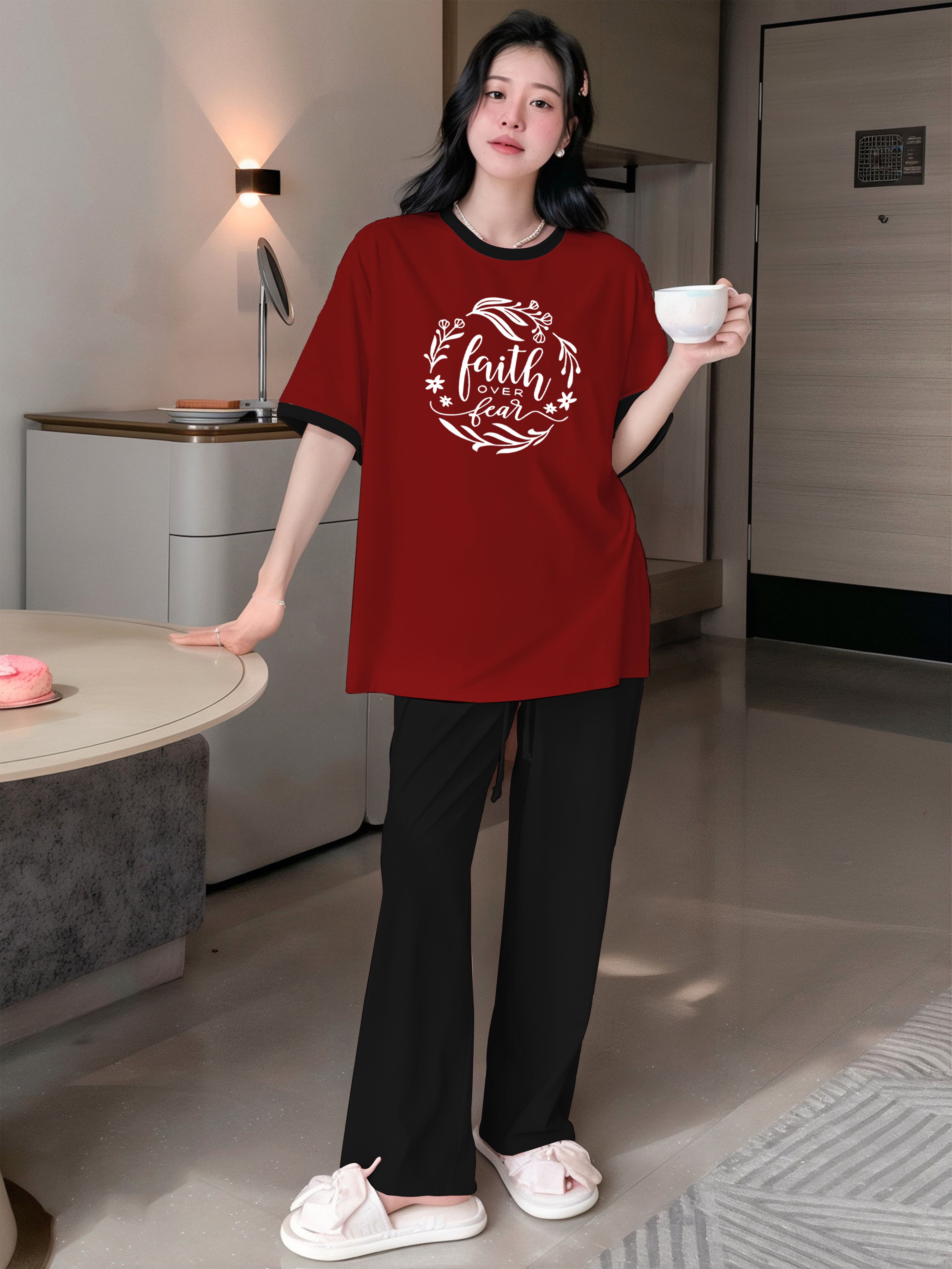 Women Top & Pyjama Set Maroon, Black Solid