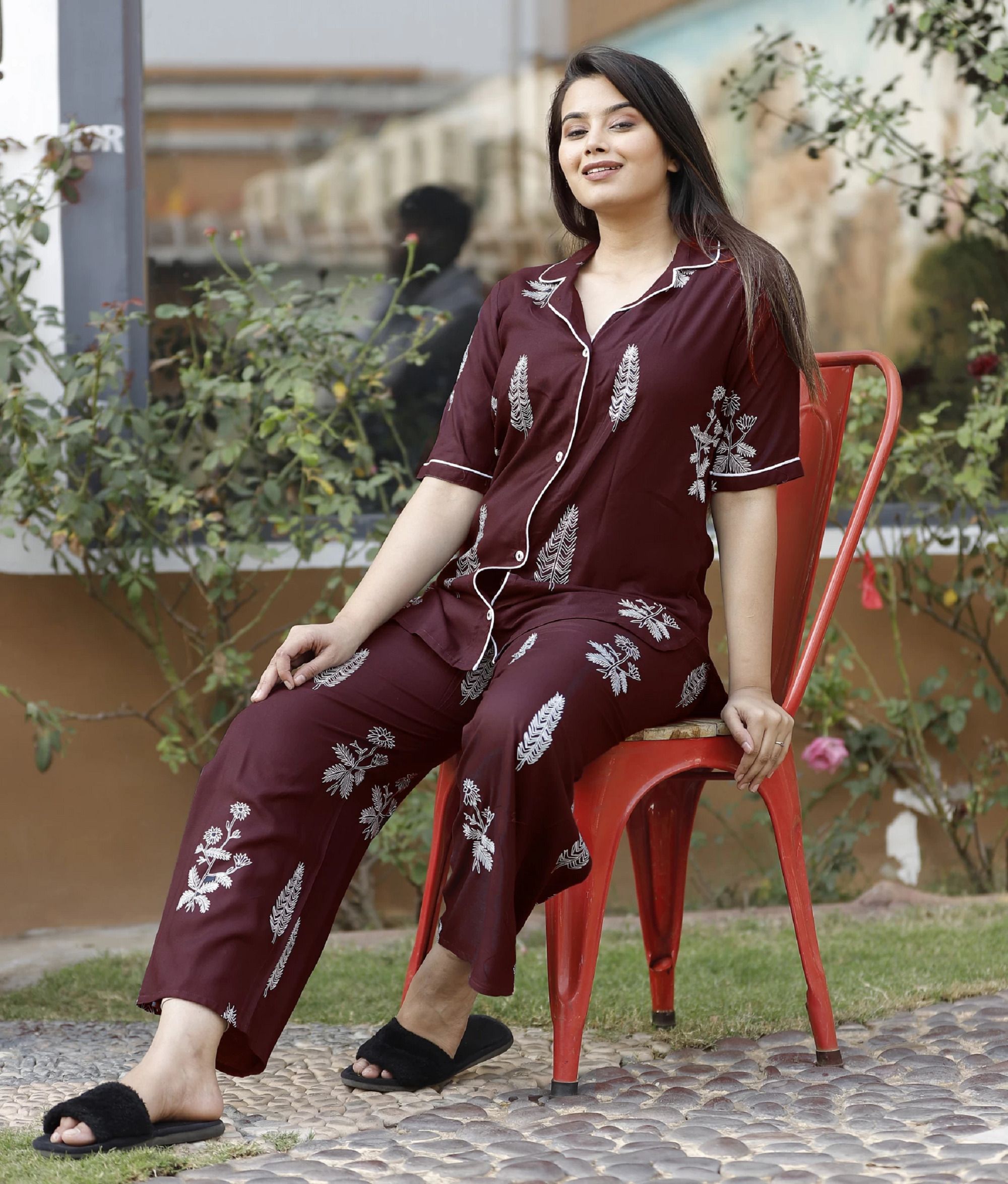 Women Shirt & Pyjama set Maroon Printed-image-7