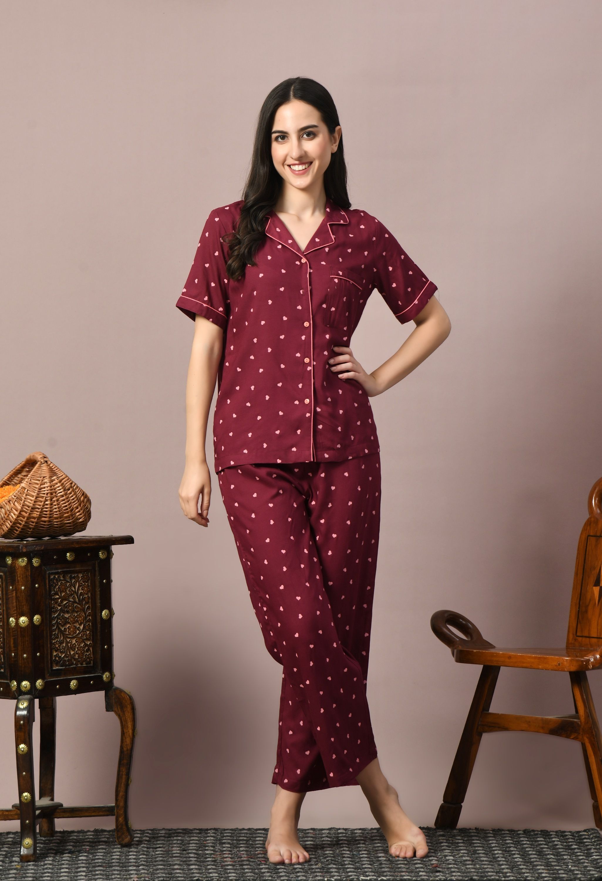 dreambe Women Night Suit Set Maroon Printed-picture-5