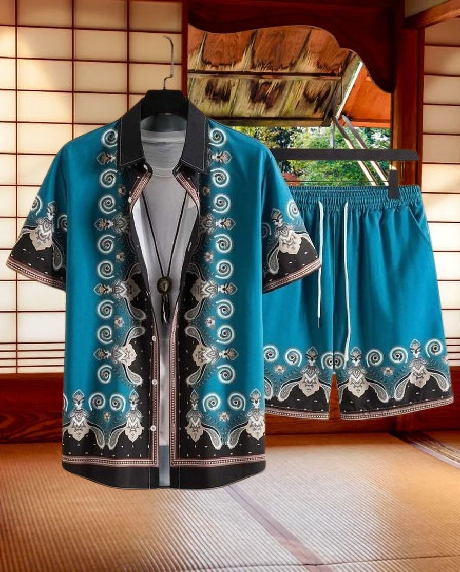 mhshirt Men Top & Shorts Set Blue Ethnic Motifs, Printed-picture-6