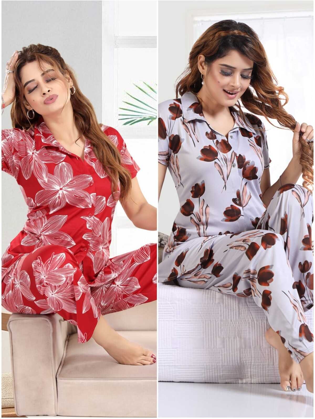 Women Shirt & Pyjama set Grey Printed-image-21