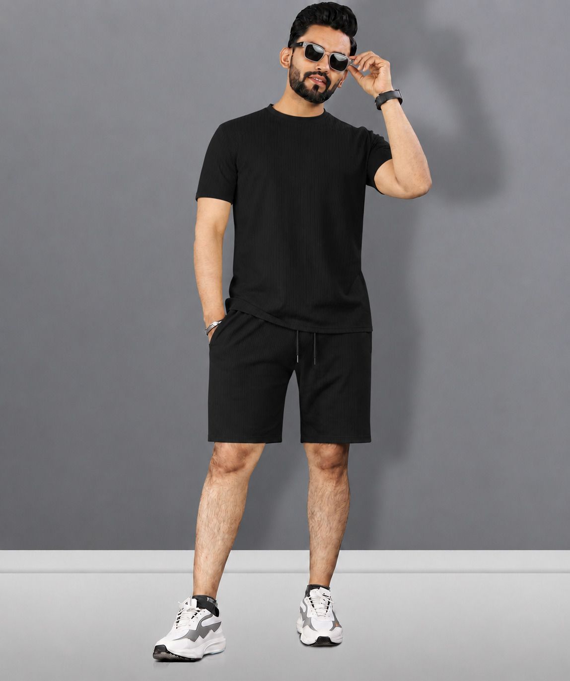 Men Top & Shorts Set Black Solid-image-19