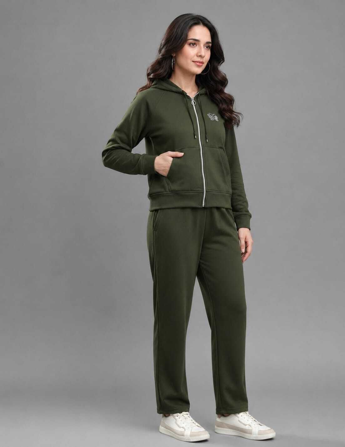 Women Top & Pyjama Set Dark Green Solid-image-5