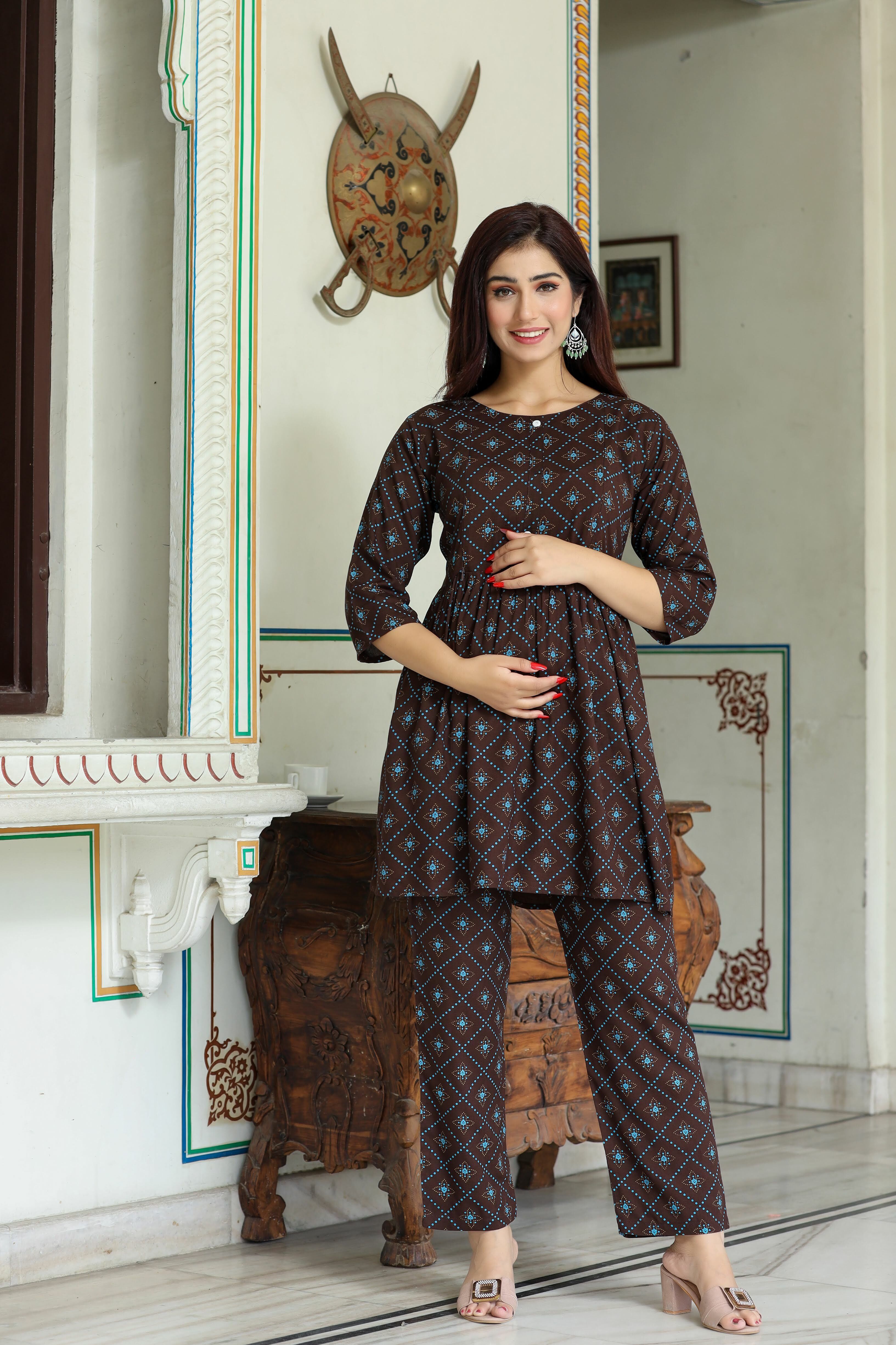 Women Night Suit Set Brown Printed-image-36
