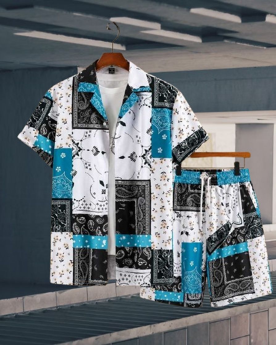 mhshirt Men Night Suit Set Multicolor Floral Print, Geometric Print, Printed-picture-1
