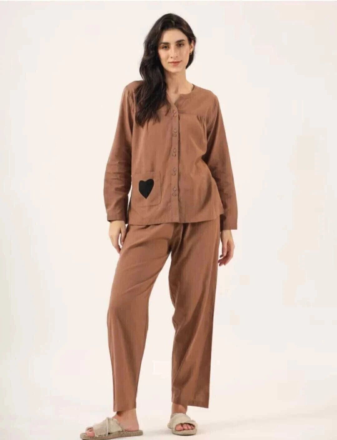 Women Night Suit Set Brown Solid-image-29