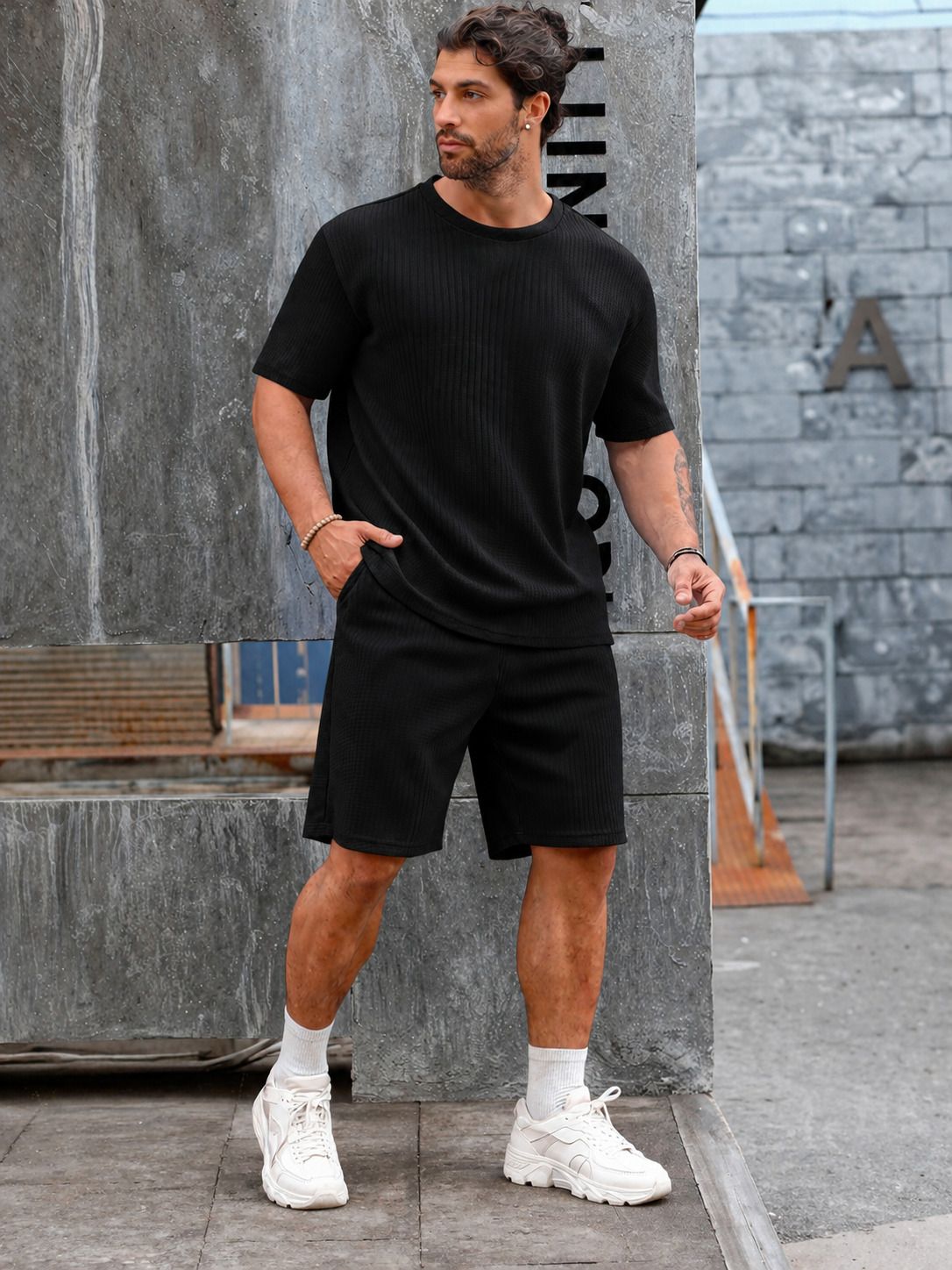 Men Top & Shorts Set Black Self Design-image-4