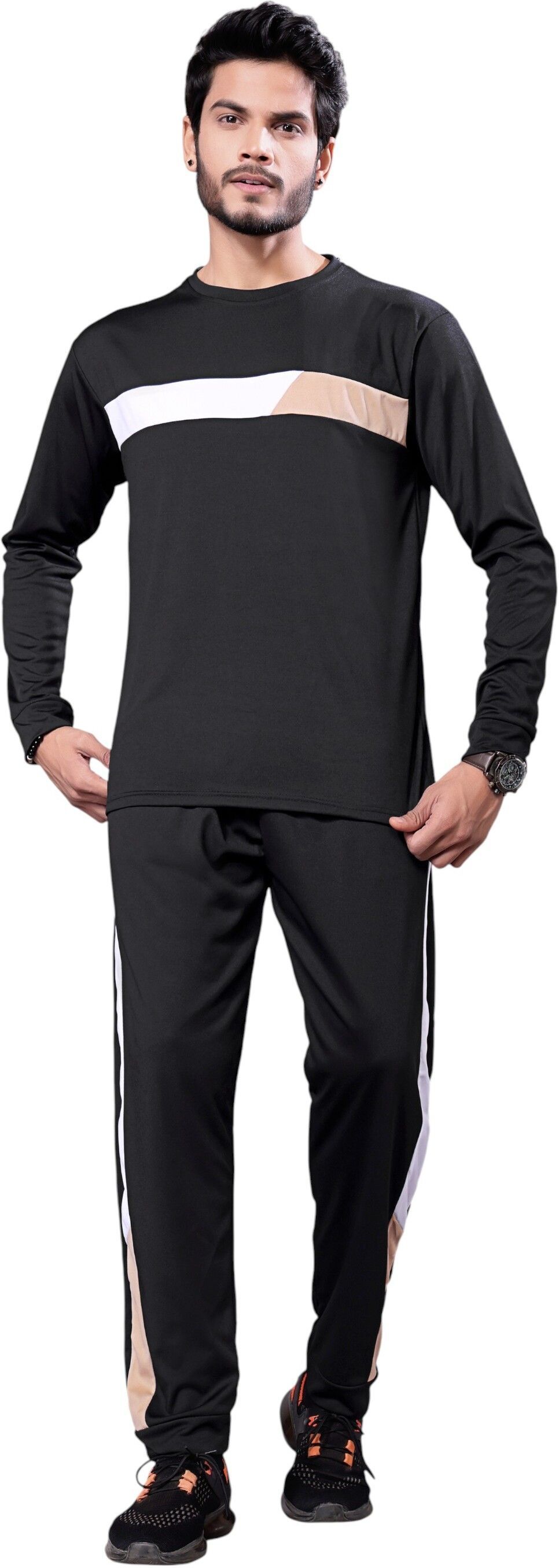 indyanash trend Men Top & Pyjama Set Black, White, Beige Striped-picture-19