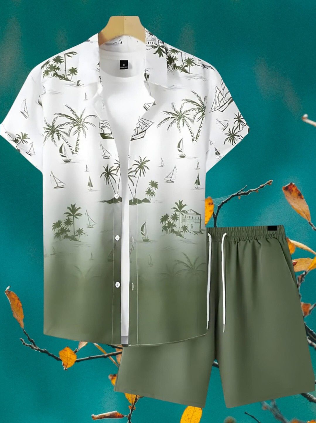 thebrossco Men Top & Shorts Set Green Printed-picture-11