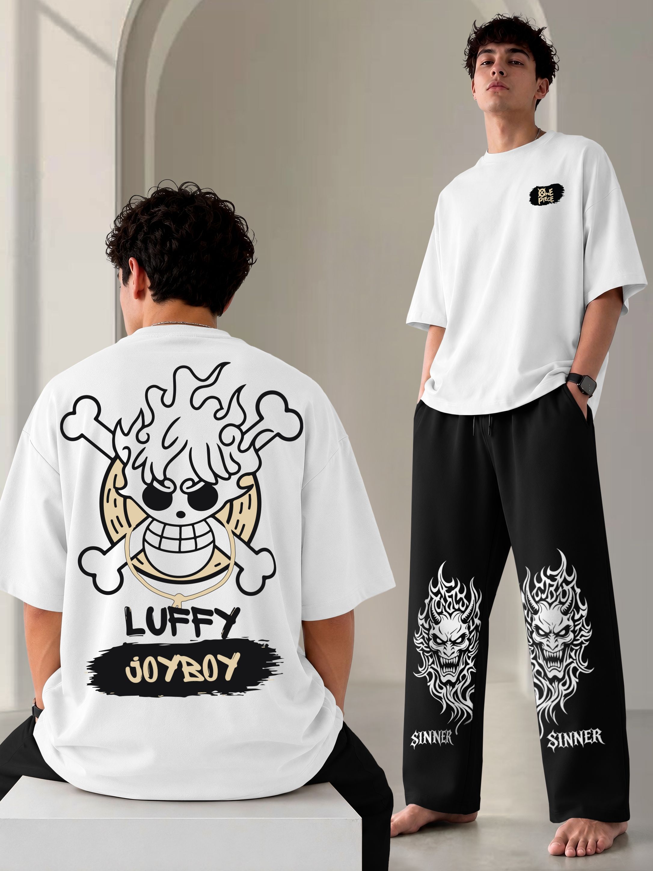 blive Men Night Suit Set White, Black Printed-picture-11