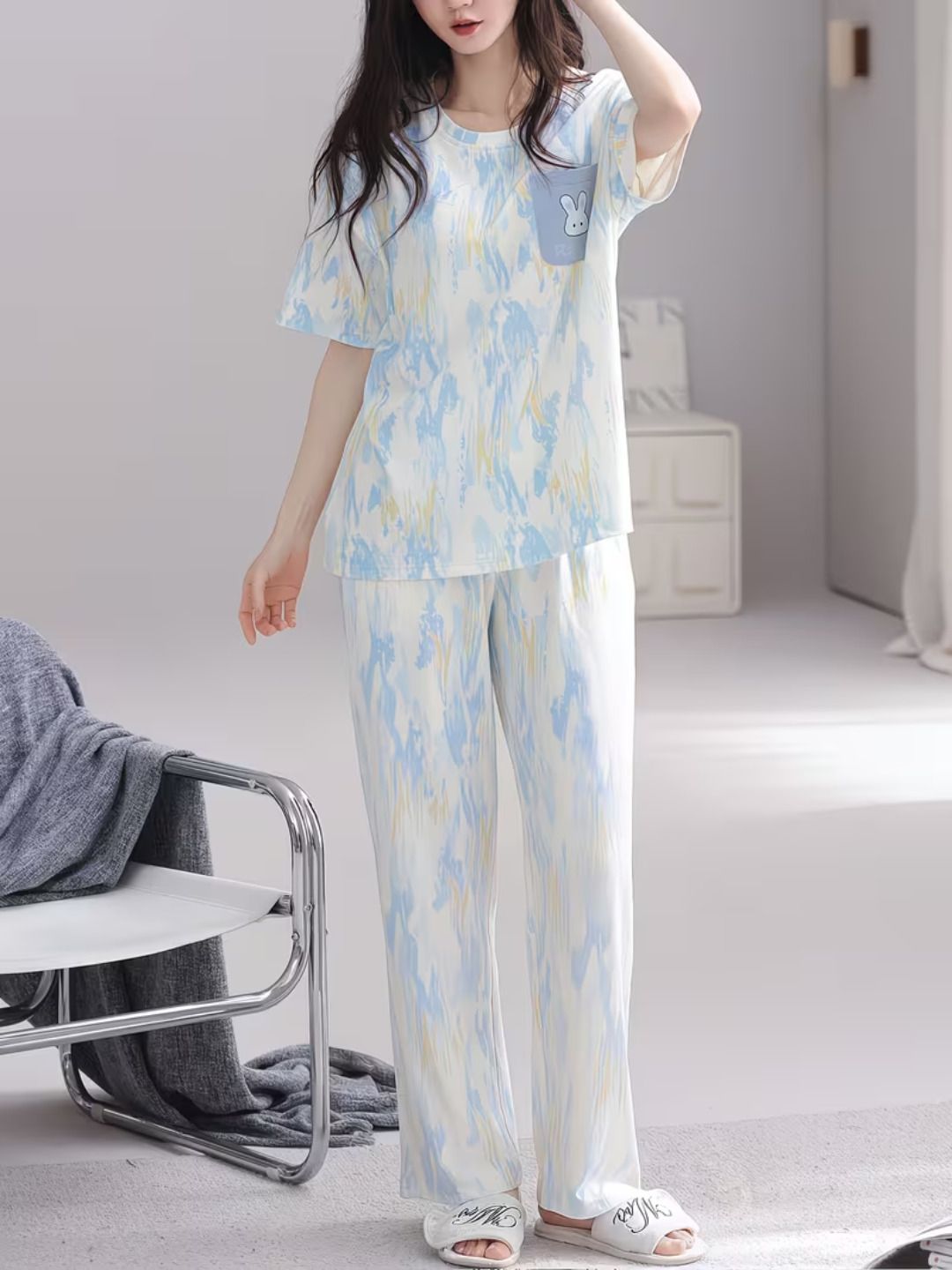 larix Women Top & Pyjama Set Light Blue Abstract, Characters-picture-8