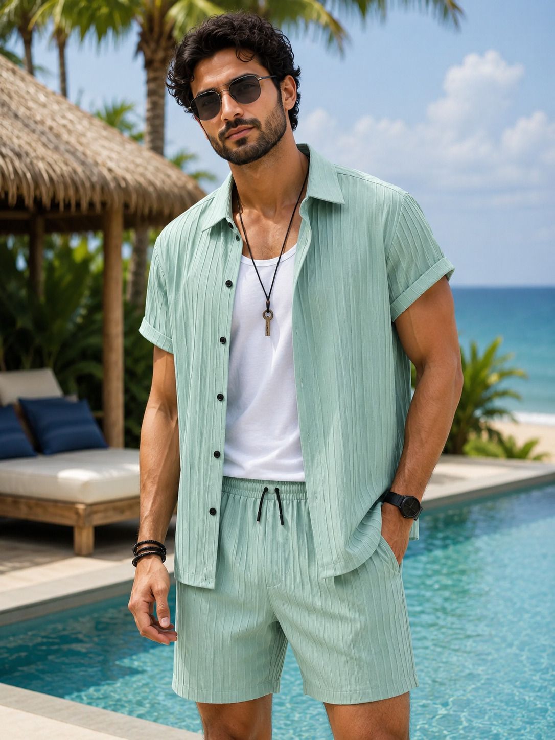 coollinen Men Night Suit Set Light Green Self Design-picture-17
