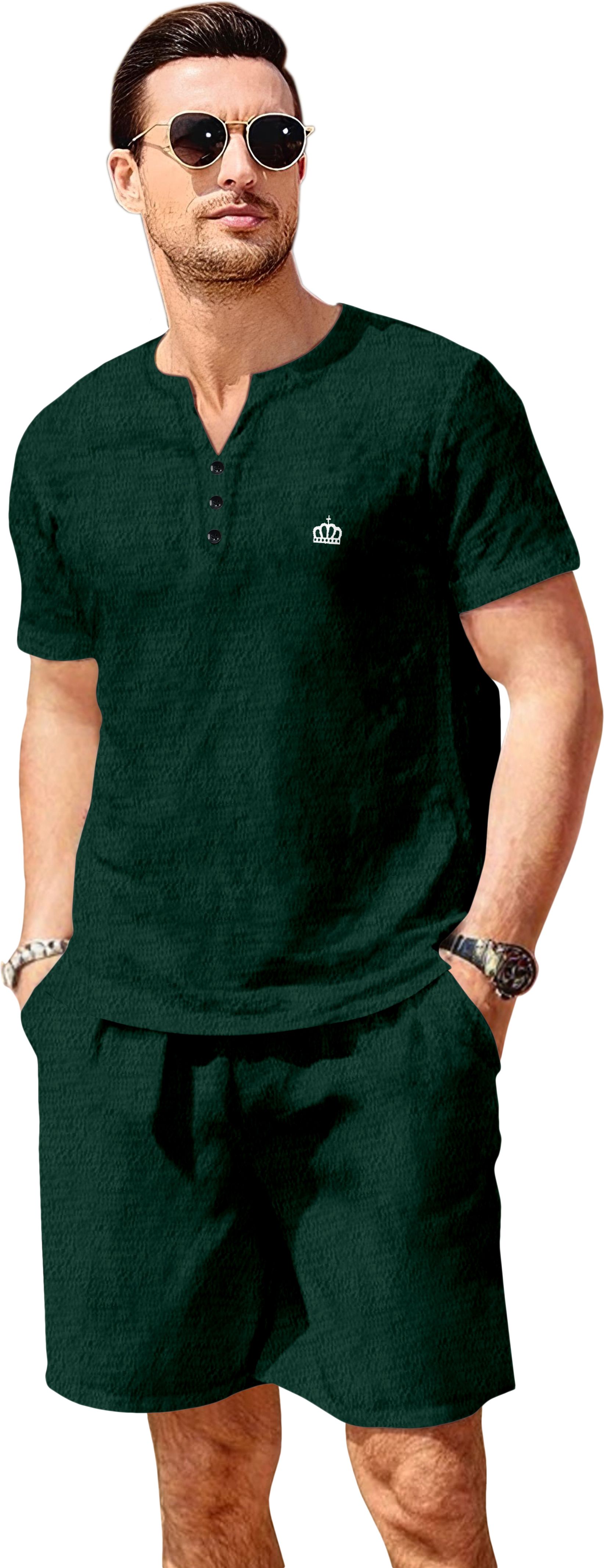 Men Top & Shorts Set Green Solid-image-5