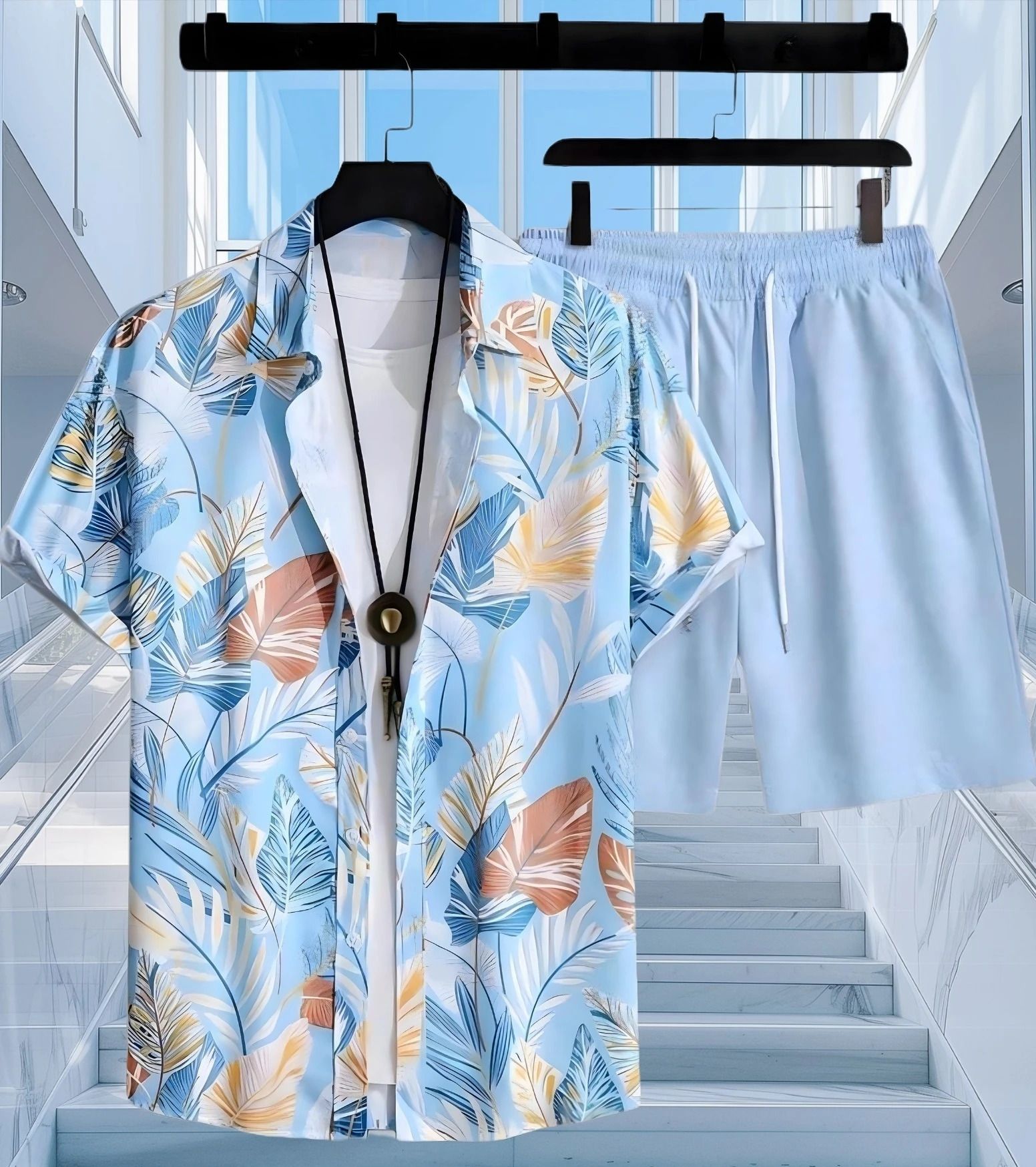 shivforyou Men Night Suit Set Light Blue Printed, Floral Print-picture-30
