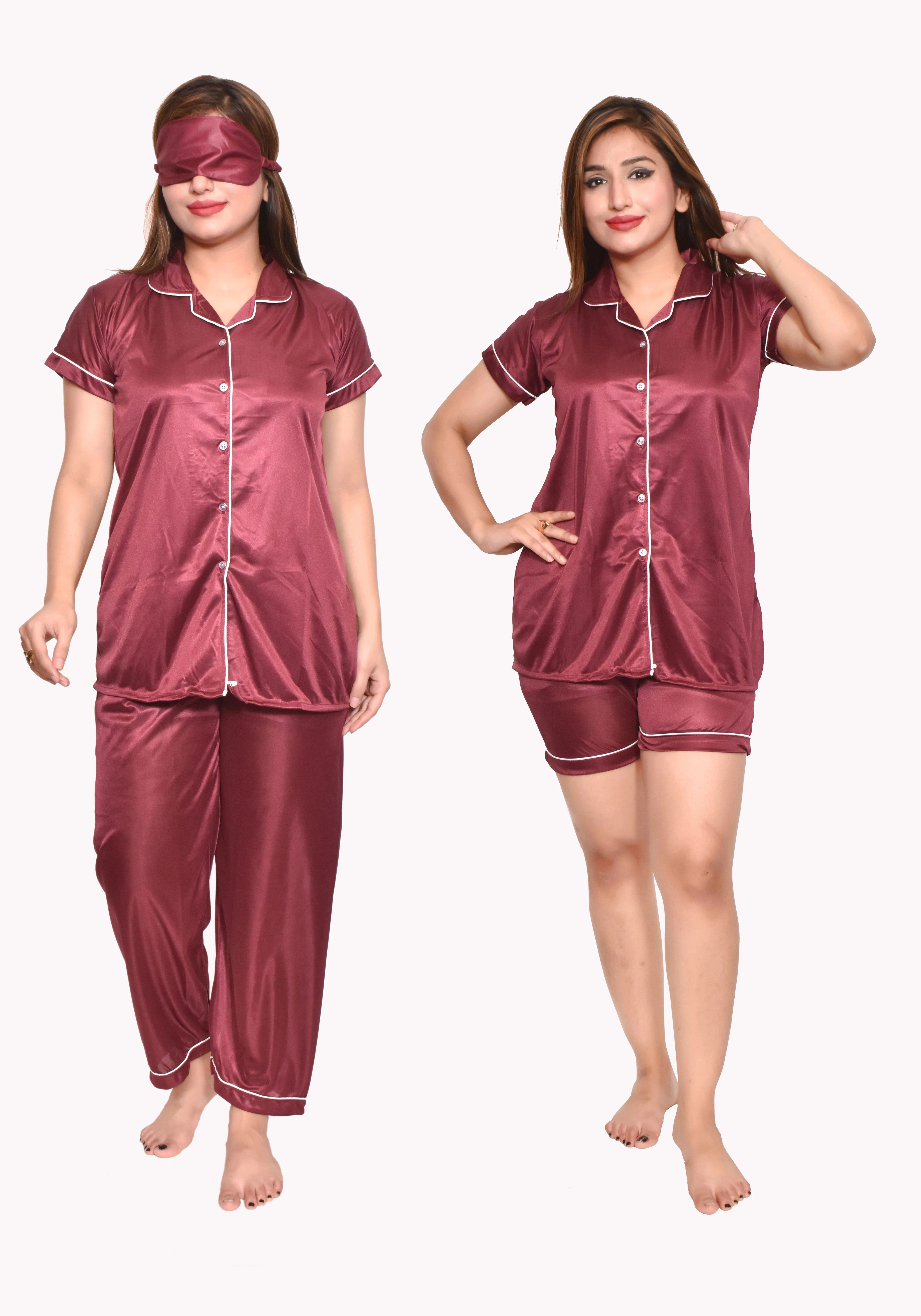 Women Shirt & Pyjama set Maroon Solid-image-28