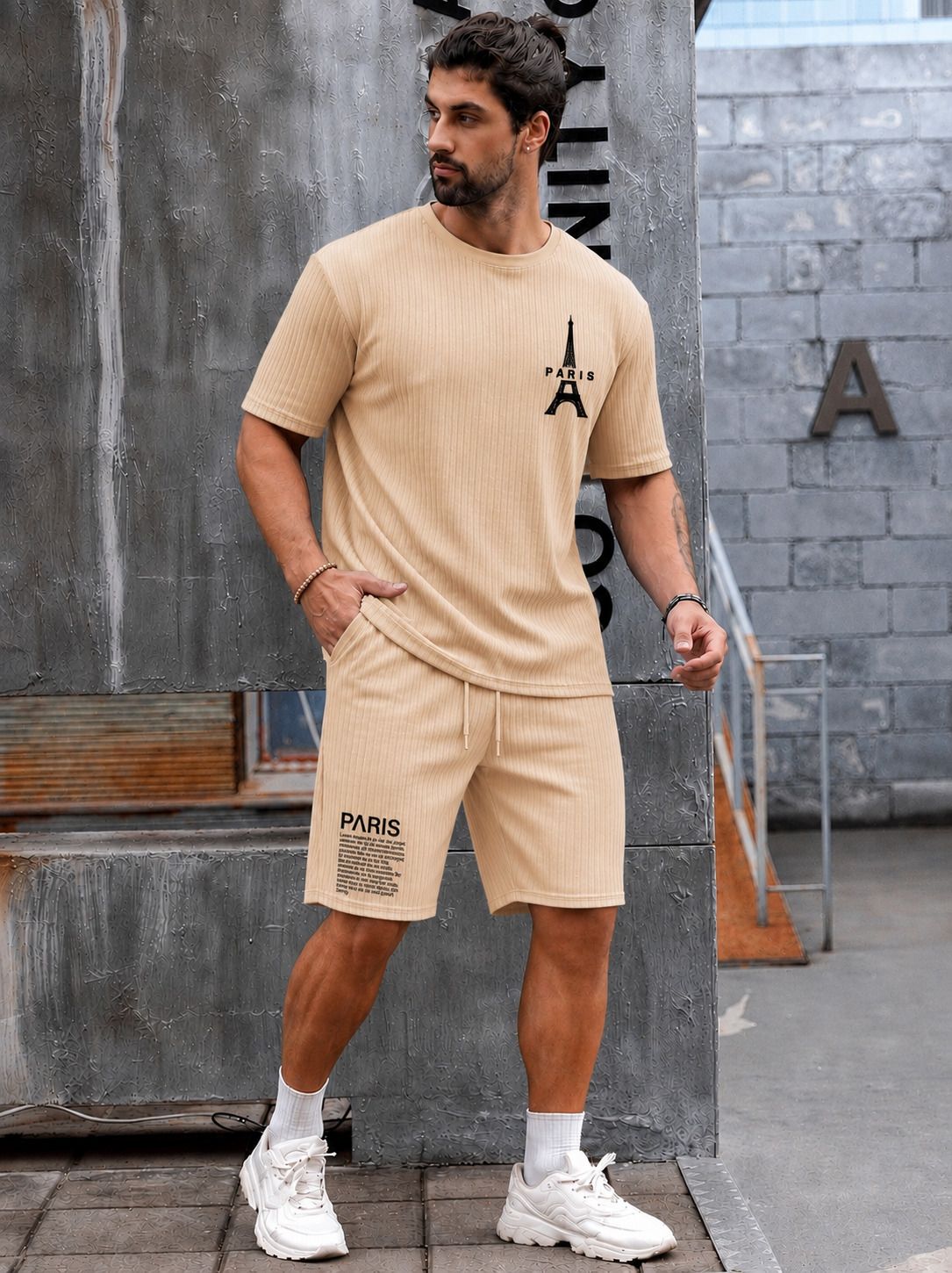Men Top & Shorts Set Beige Printed-image-7