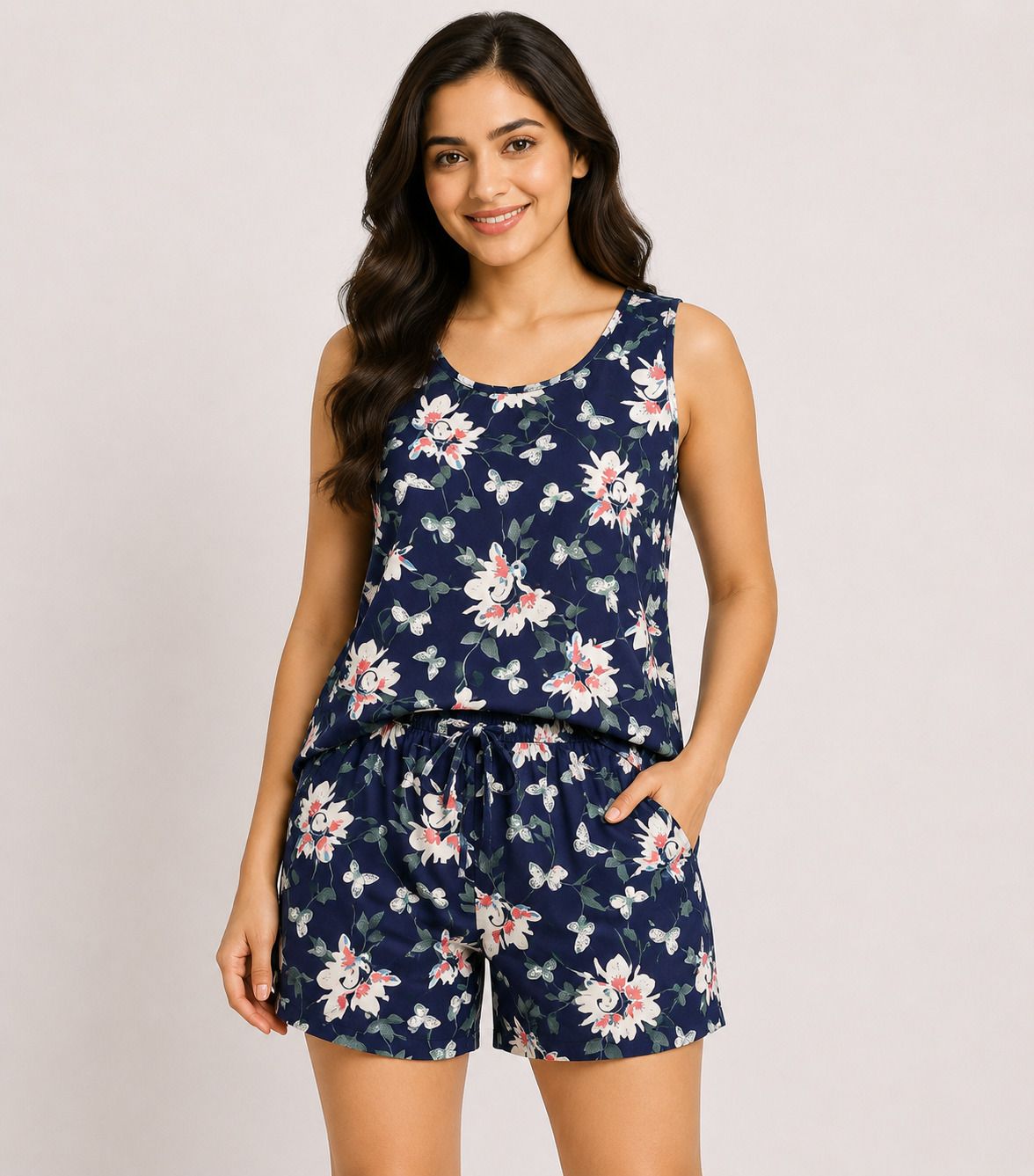 ganrec Women Top & Shorts Set Blue Floral Print, Printed-picture-23