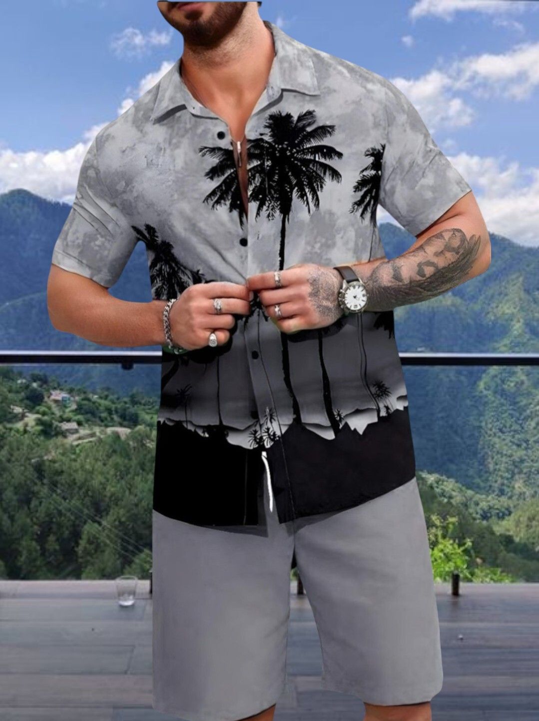 shivforyou Men Top & Shorts Set Grey Printed-picture-4
