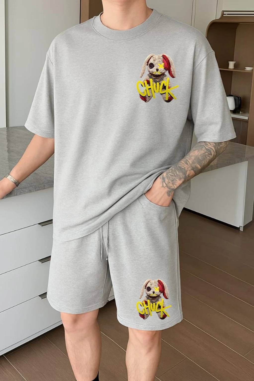 Men Top & Shorts Set Grey Printed-image-12