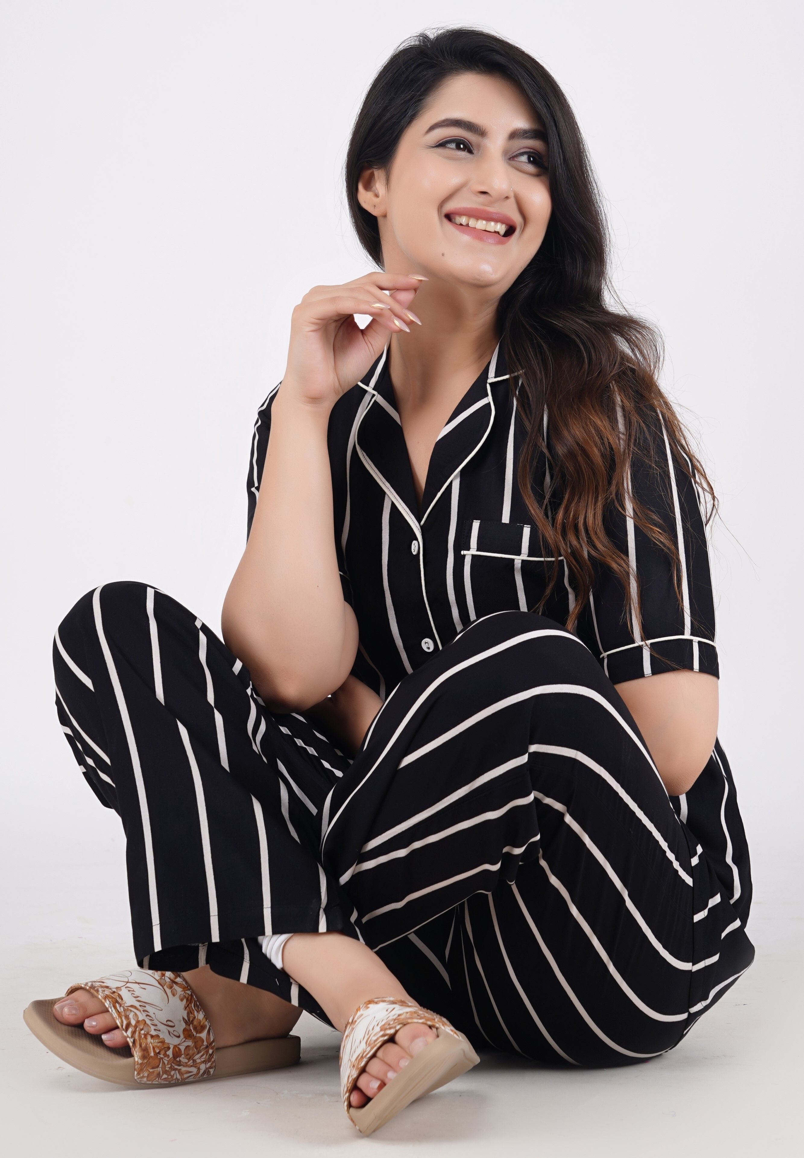 Women Shirt & Pyjama set Black Striped-image-19