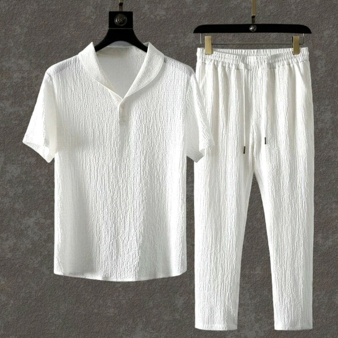 Men Night Suit Set White Self Design