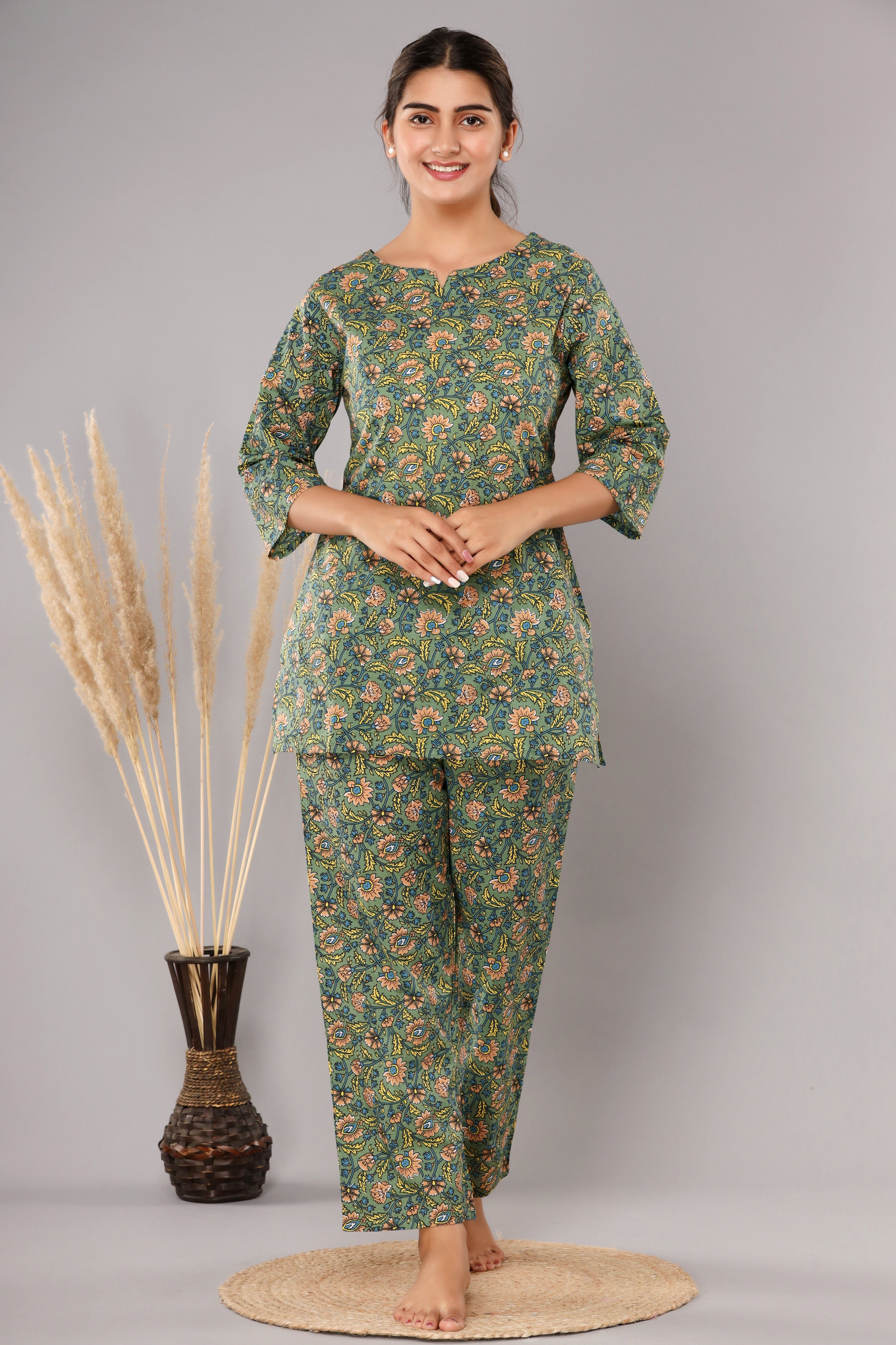 Women Night Suit Set Green Printed-image-24