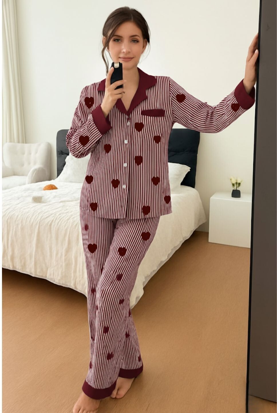 for you for me Women Shirt & Pyjama set Maroon Striped-picture-14