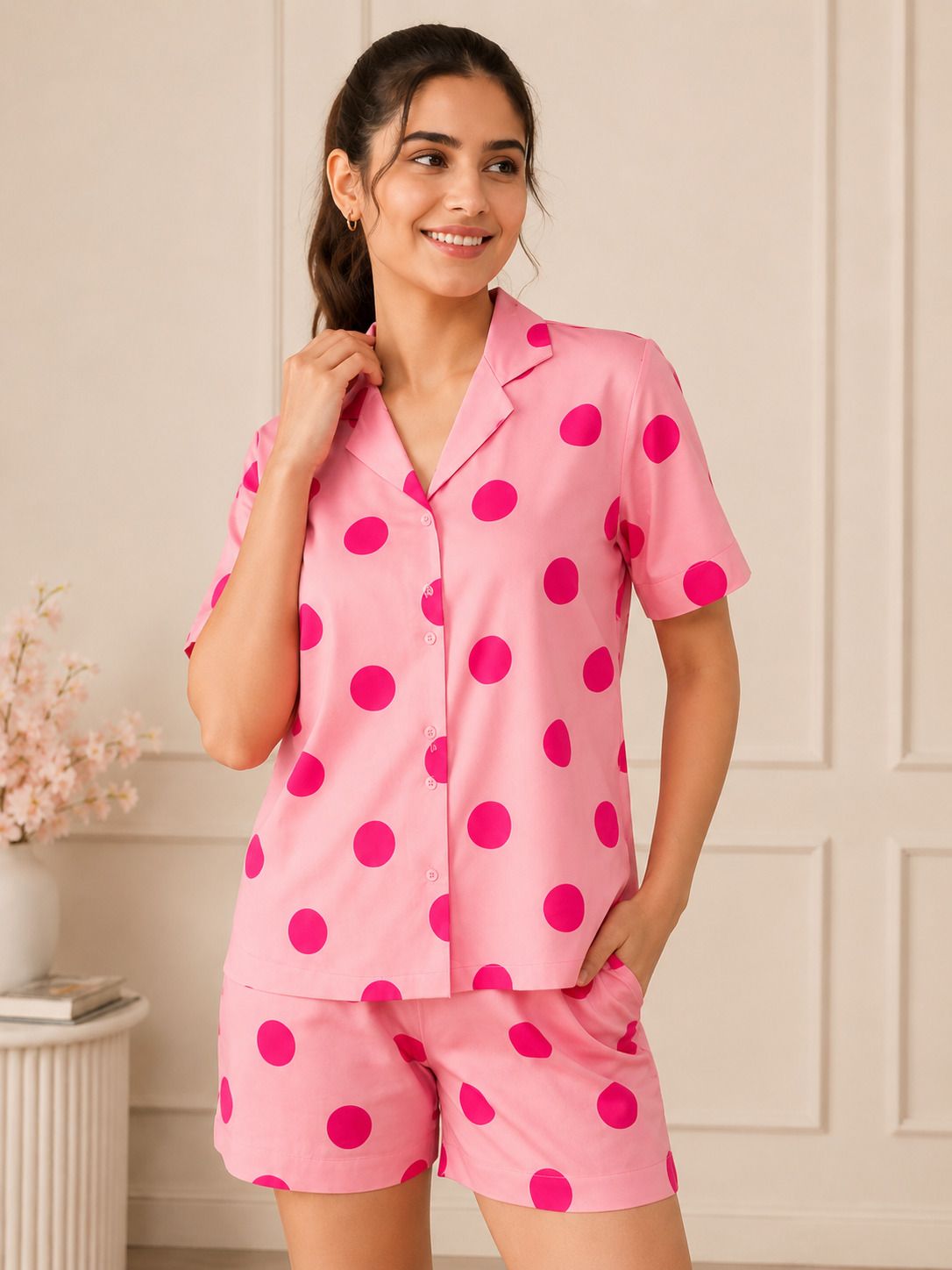 Women Top & Shorts Set Pink Polka Print-image-7
