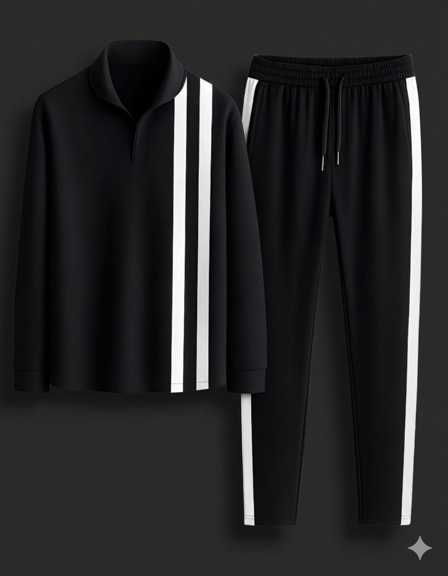 Men Night Suit Set Black Striped