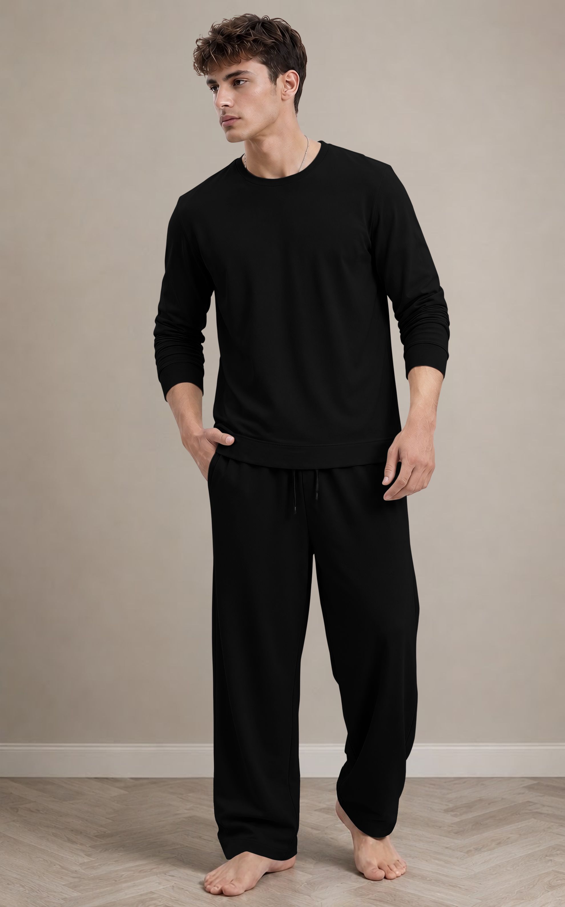 viktor Men Night Suit Set Black Solid-picture-0