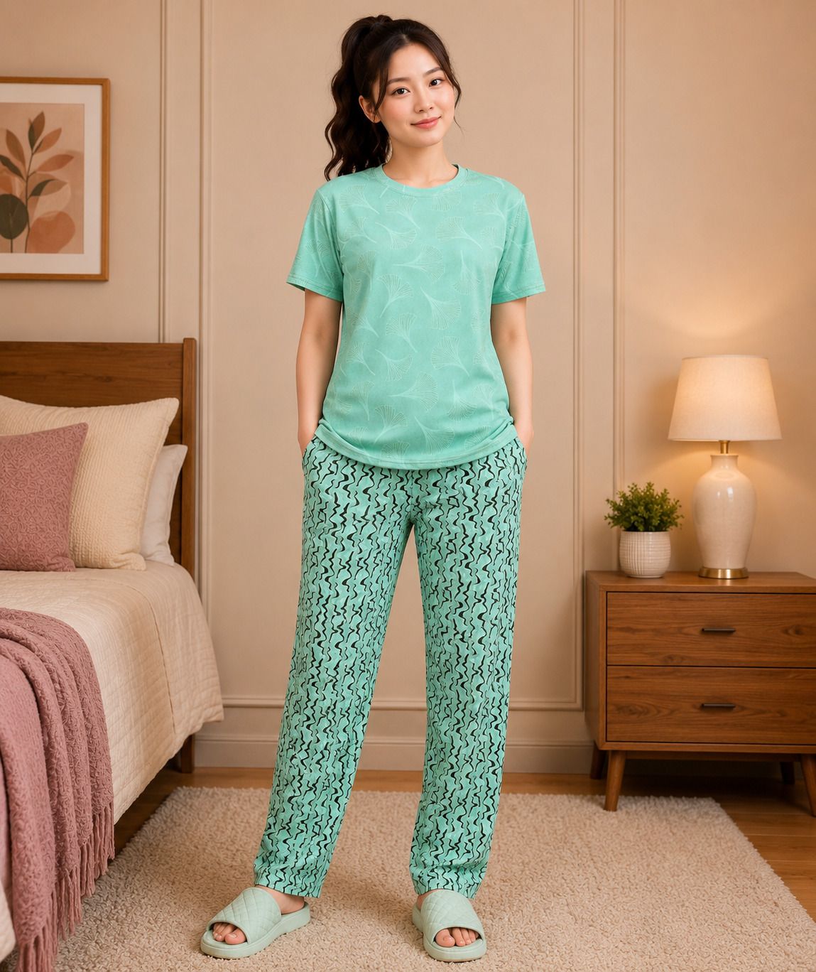 jk creation Women Top & Pyjama Set Light Green Printed-picture-28