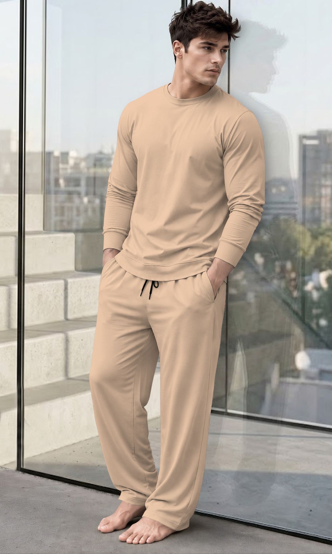 tesseract Men Night Suit Set Beige Solid-picture-22