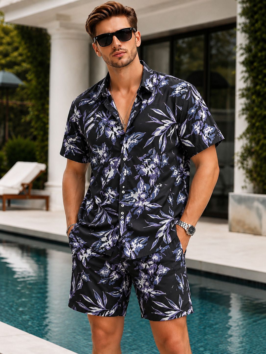 Men Top & Shorts Set Multicolor Floral Print-image-46