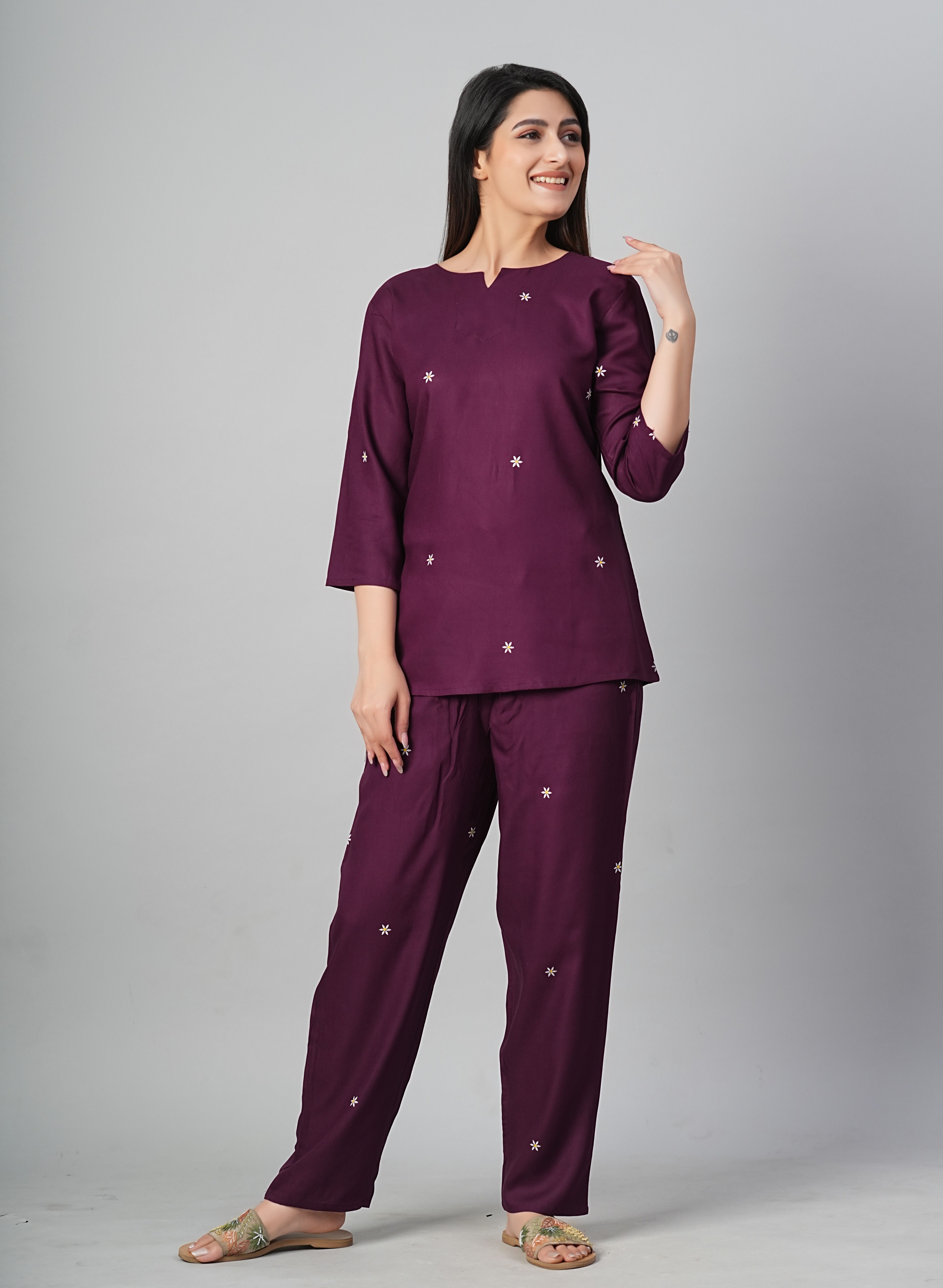 Women Night Suit Set Maroon Printed-image-29