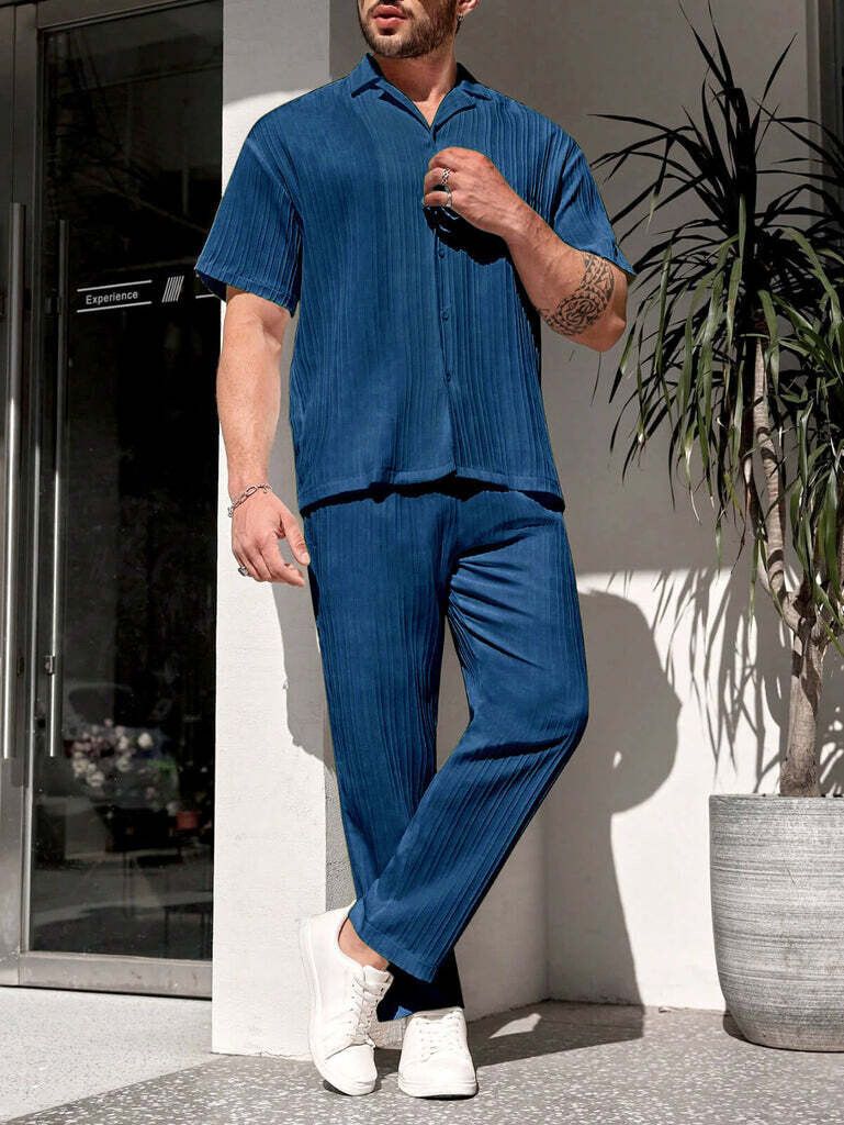 Men Night Suit Set Blue Striped, Solid