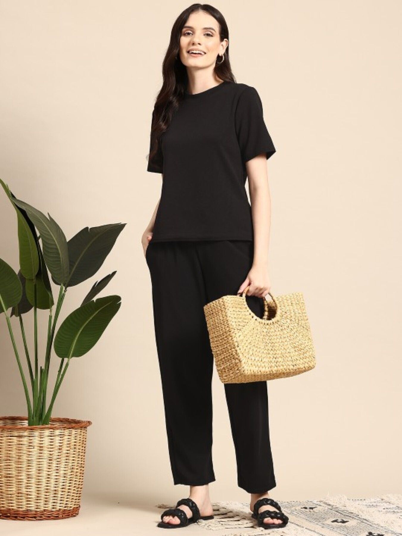 Women Night Suit Set Black Solid