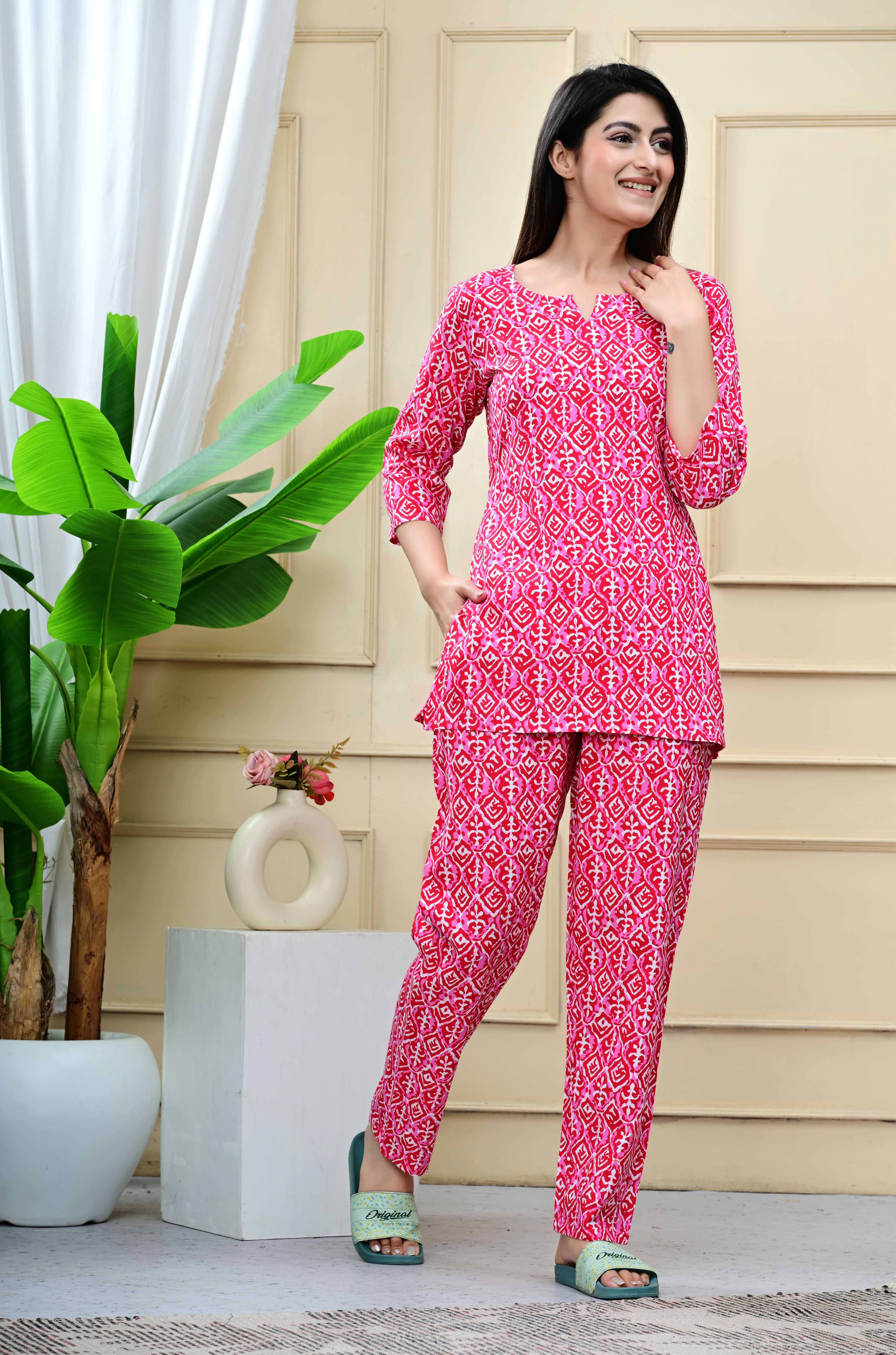 Women Night Suit Set Orange Printed