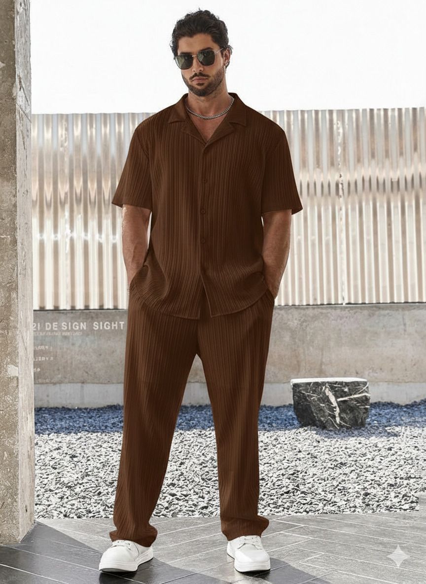 Men Night Suit Set Brown Self Design-image-8