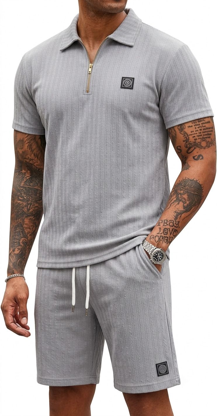 Men Top & Shorts Set Grey Self Design-image-43
