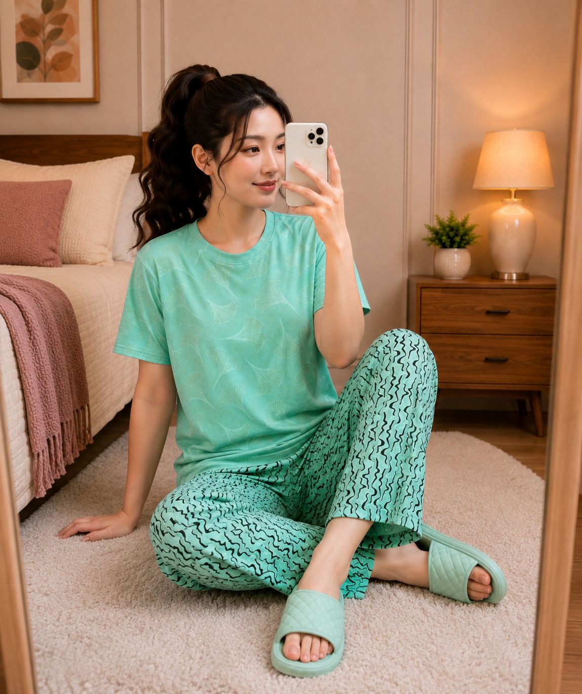 sakarmaa Women Top & Pyjama Set Light Green Printed-picture-0