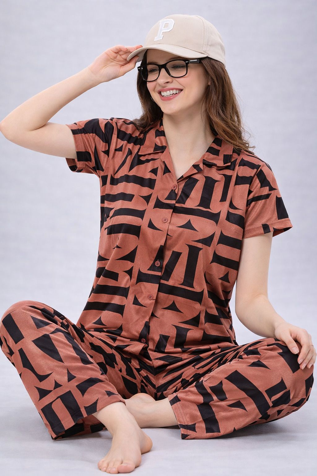 Women Shirt & Pyjama set Brown Floral Print-image-5