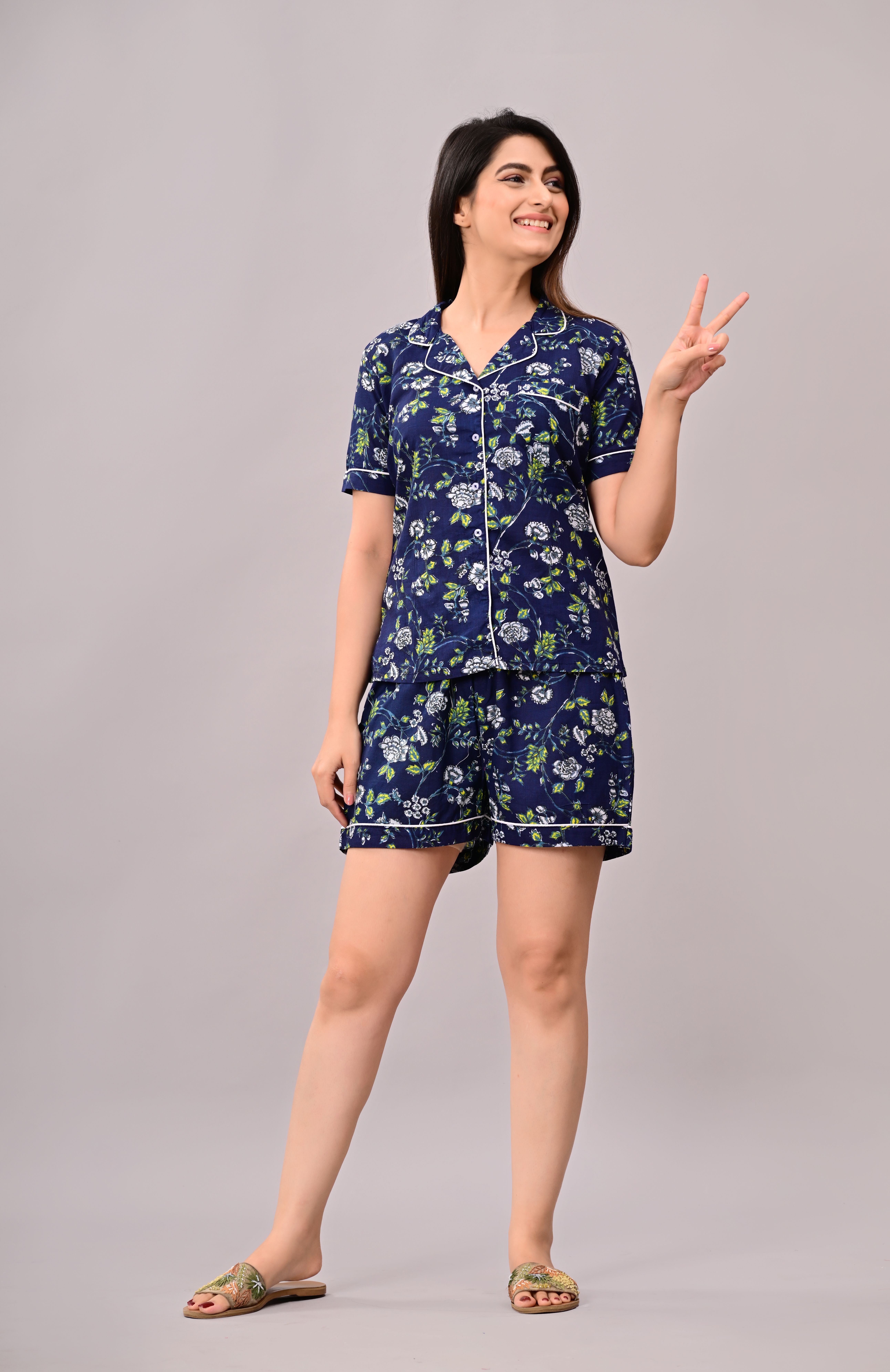 Women Night Suit Set Dark Blue Printed-image-31